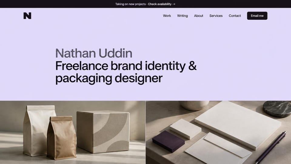 Resume website design, freelance packaging designer with an availability bar: pale lavender page, gray name above large black headline, dark availability bar, photos of blank pouches, a box and stationery on stone