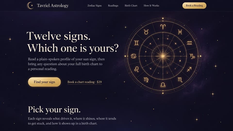 Astrology website design, astrology with a zodiac sign finder: midnight navy page, a cream serif headline, a gold find your sign button and a priced reading link beside a gold zodiac wheel