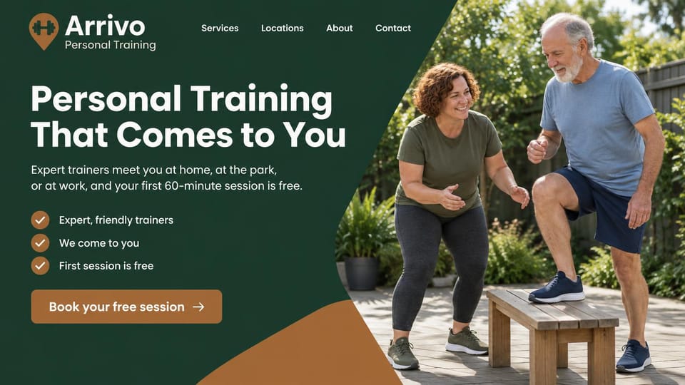 Personal trainer website design, trainers who come to your home, park or office: dark green panel with an ochre curve, a large white headline, three check marks, an ochre button, a trainer coaching an older man through step-ups on a backyard bench