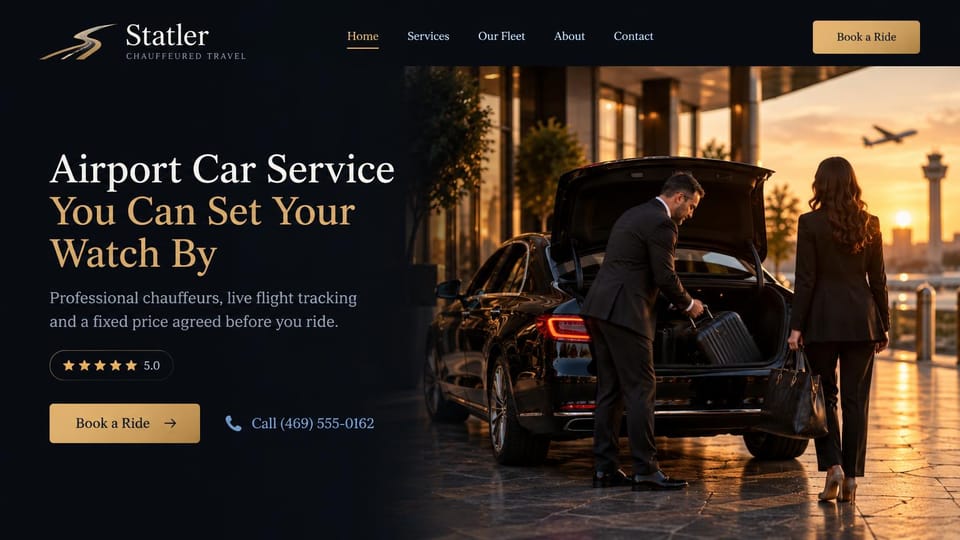 Car rental website design, airport car service with fixed prices and flight tracking: dark navy page, a white and gold serif headline, a gold book button and phone link, a chauffeur loading luggage into a black sedan at a sunset airport