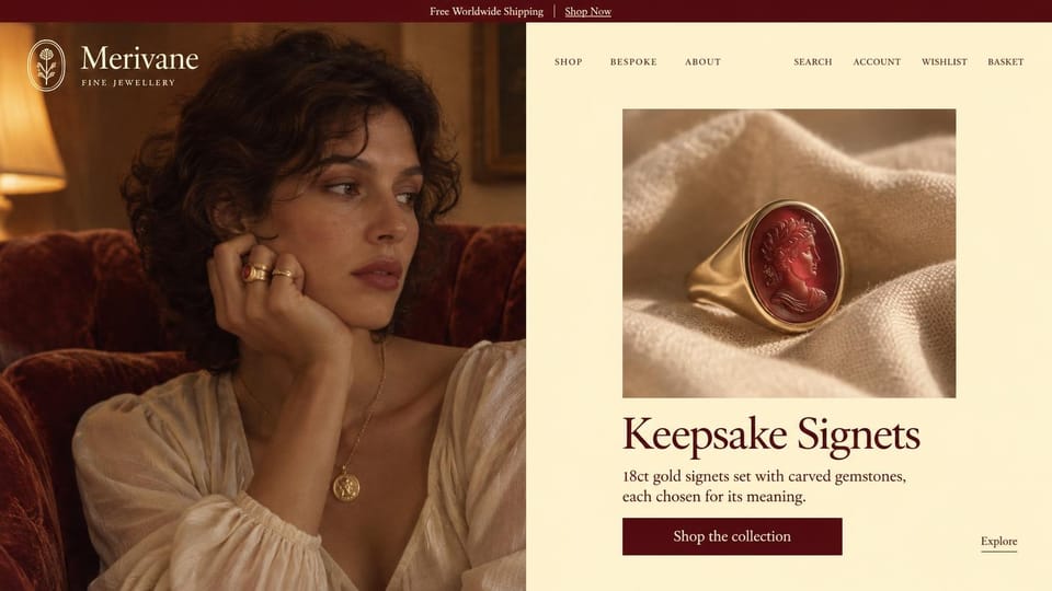 Jewelry website design, signet rings in burgundy and cream halves: burgundy top bar, left half a candlelit portrait of a woman in gold rings and a coin pendant, right half cream with a carved red stone signet ring on linen, burgundy serif headline and button