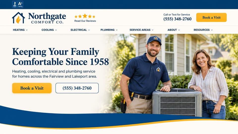 Contractor website design, home comfort with a technician and homeowner: cream page with a blue wave, a navy serif headline, a yellow button and a technician beside a homeowner