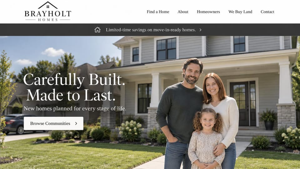 Construction website design, production home builder with a family out front: white menu, a charcoal banner, a smiling family in front of a gray two-story house with a porch, a large white serif headline and a white button