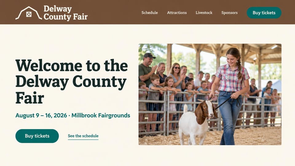 Event website design, county fair with a goat at the livestock show: brown header with a barn logo and a teal ticket button, a cream page with a dark serif headline, a teal tickets button and a framed photo of a girl leading a goat past a crowd