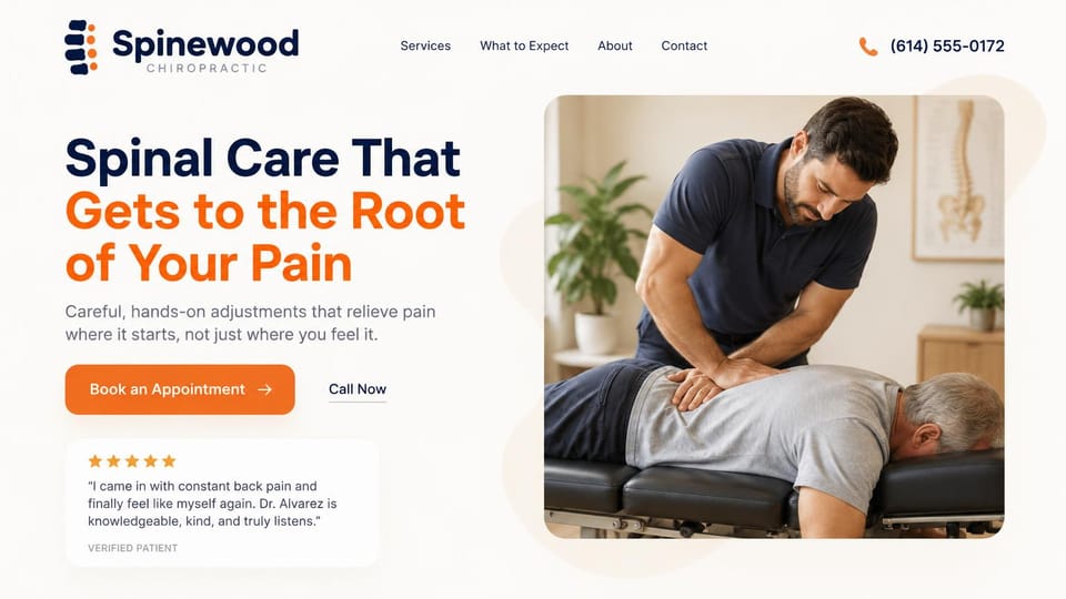 Chiropractor website design, chiropractor with a patient review under the hero: white page, a navy and orange headline, a review card below the buttons, a rounded photo of a chiropractor adjusting an older man's back