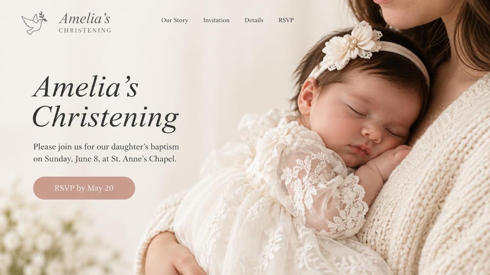 One page website design, christening invitation in soft blush: blush and cream page, script title, a sleeping baby in a lace headband, rose RSVP button