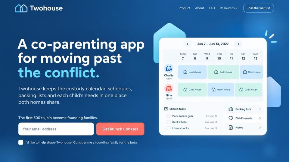 Coming soon website design, family app waitlist with founding spots: deep blue page, large white and cyan headline, a white email field and a coral button, a calendar app screen beside two pale house shapes