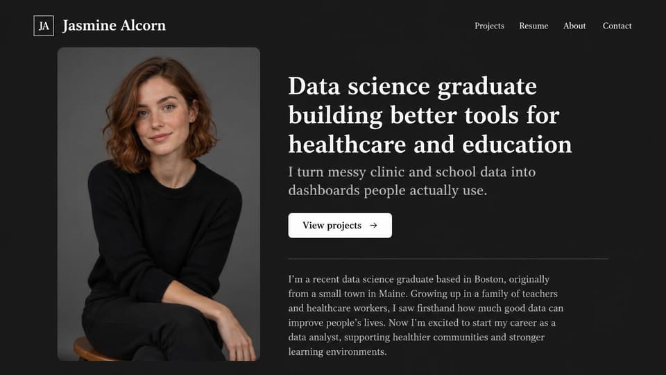 Resume website design, data science graduate with a tall portrait and bio: charcoal page, large white serif headline, white projects button, tall portrait of a woman in a black sweater, gray bio