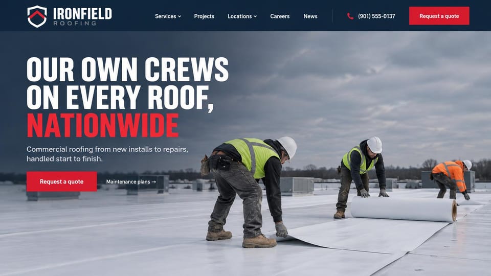 Roofing website design, nationwide commercial roofing with its own crews: navy header with a red quote button, three workers in hi-vis vests unrolling white membrane under a gray sky, a huge condensed white and red headline