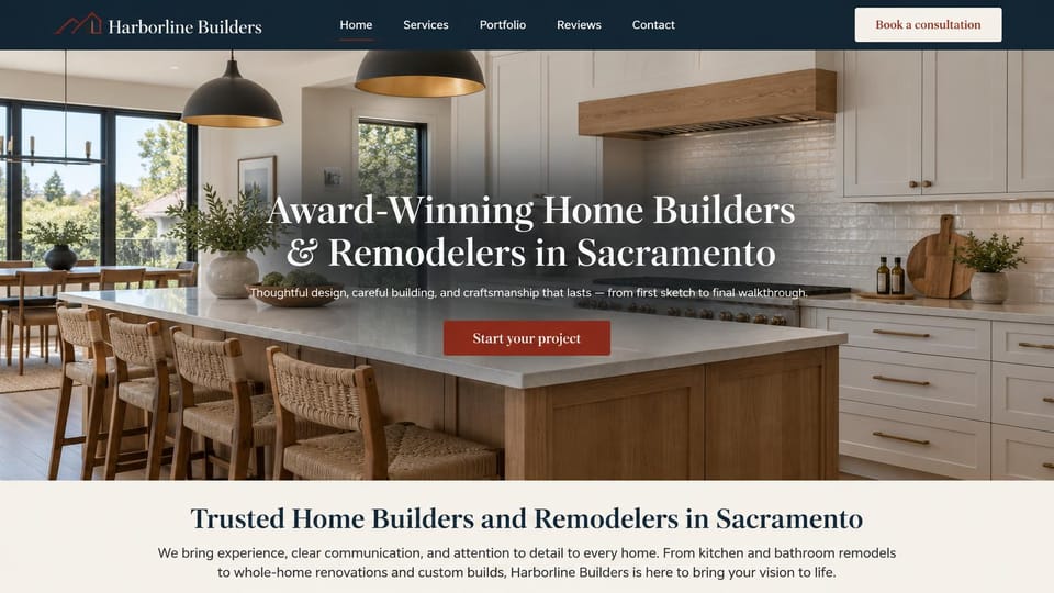 Contractor website design, custom homes and remodels in a bright kitchen: a bright kitchen with a wood island, a white serif headline, a red button and a white intro band below
