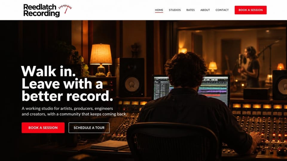 Recording studio website design, working studio from the engineer's chair: white header, an engineer at a lit console with a singer behind the glass, bold white headline, red and outlined buttons