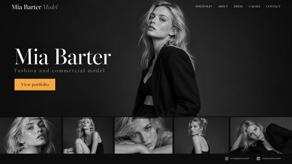 Model portfolio website design, fashion model with a black and white film strip: black page, a large white serif name, a marigold button, a black and white portrait of a blonde woman and a row of five frames