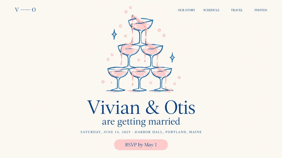 Wedding website design, champagne tower, drawn by hand: ivory page, a hand-drawn champagne tower in navy and pink above navy serif names and a pink button