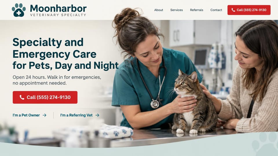 Veterinary website design, specialty and emergency with a referring vet path: pale teal page, a dark headline, a red call button, a photo of a vet and an owner with a tabby cat on an exam table