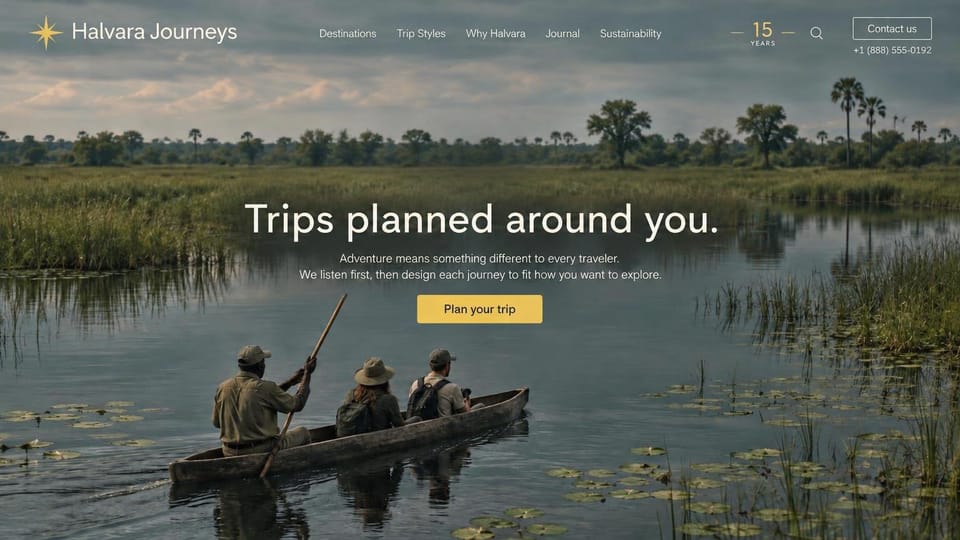 Landing page website design, custom adventure trips with one plan button: muted photo of travelers in a dugout canoe crossing a wetland, transparent header with a gold star logo, centered white headline, yellow plan your trip button