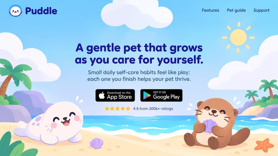 Mobile app website design, self-care app with cute beach characters: sky blue and sand, a cartoon seal and otter on a beach, navy headline and store badges