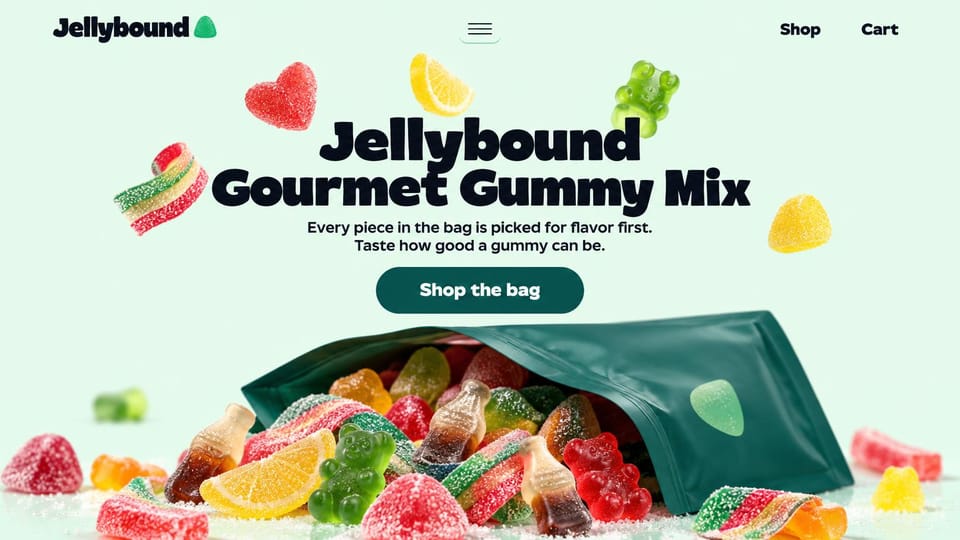 Landing page website design, snack product drop, bright and bold: mint green page, bold black headline, colorful gummies spilling from a green bag, dark green shop button