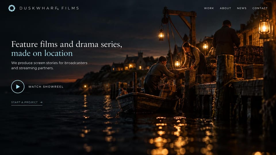 Videographer website design, drama and feature film production on a night harbor: dark night photo of fishermen unloading a boat at a lantern-lit wharf, a white and pale blue serif headline, a round play button for the showreel, an underlined project link