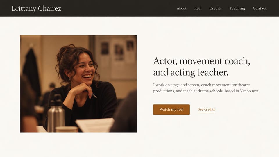 Actor website design, actor and acting teacher in a rehearsal room: cream page under a charcoal bar, a framed photo of a laughing woman at a rehearsal table, a dark serif headline and a brown button