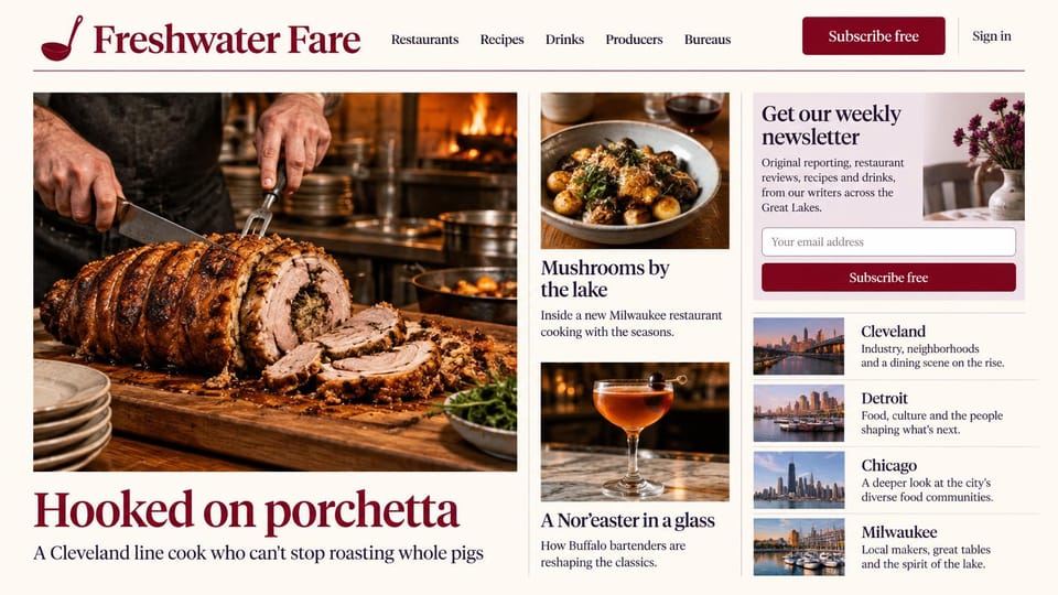 News and magazine website design, regional food magazine with city guides: cream page, burgundy serif logo with a ladle, a chef carving porchetta, a large burgundy headline, a mushroom dish and a cocktail, a pale pink newsletter box, city guide rows with skyline thumbnails