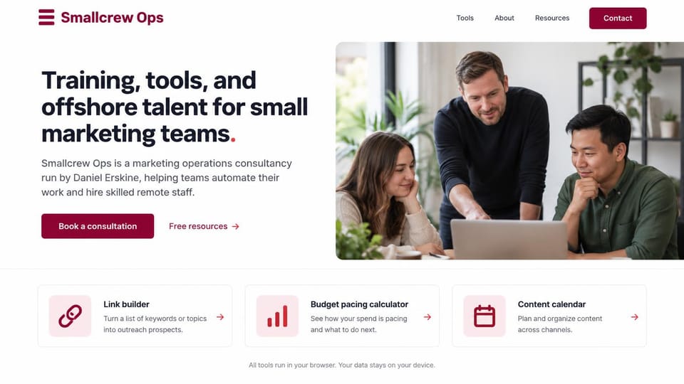 Consulting website design, marketing operations consultancy with free tools: white page, a dark bold headline, a burgundy consultation button, a photo of three colleagues at a laptop and three tool cards