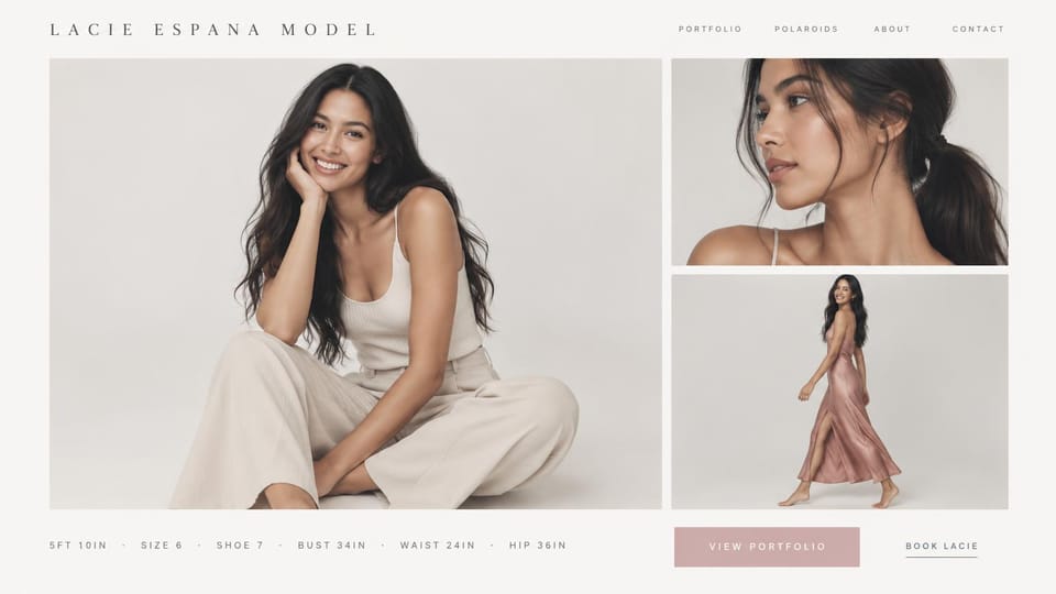 Model portfolio website design, fashion model with a stats line under three photos: off-white page, spaced gray capitals, a smiling woman with long dark hair seated in cream, a profile close-up, a walking shot in a pink slip dress and a dusty pink button