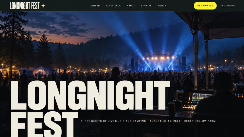 Event website design, three-night camping music festival at dusk: dusk photo of a crowd before a lit stage in a forest clearing with tents and a mixing desk, huge cream condensed wordmark, black header with a yellow ticket button