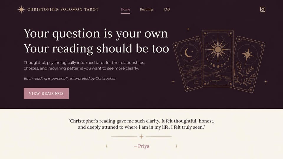 Astrology website design, tarot drawn in gold line art: dark plum hero with a cream serif headline and a dusty pink button beside three gold line-drawn tarot cards