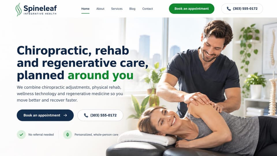 Chiropractor website design, integrative clinic with chiropractic and rehab: white page with a city window behind, a navy and green headline, a chiropractor adjusting a smiling woman's shoulder, navy and outlined buttons