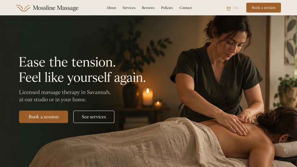 Massage therapist website design, studio or in-home massage with a language switch: dark green candlelit photo of a therapist massaging a client's back, a cream serif headline, a copper button and an outlined one