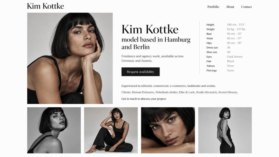 Model portfolio website design, fashion and commercial model with a stats column and client list: off-white page, a large serif name, a close-up of a woman with a black bob in a black top, a black request button, a gray stats list and a row of four black and white and studio photos