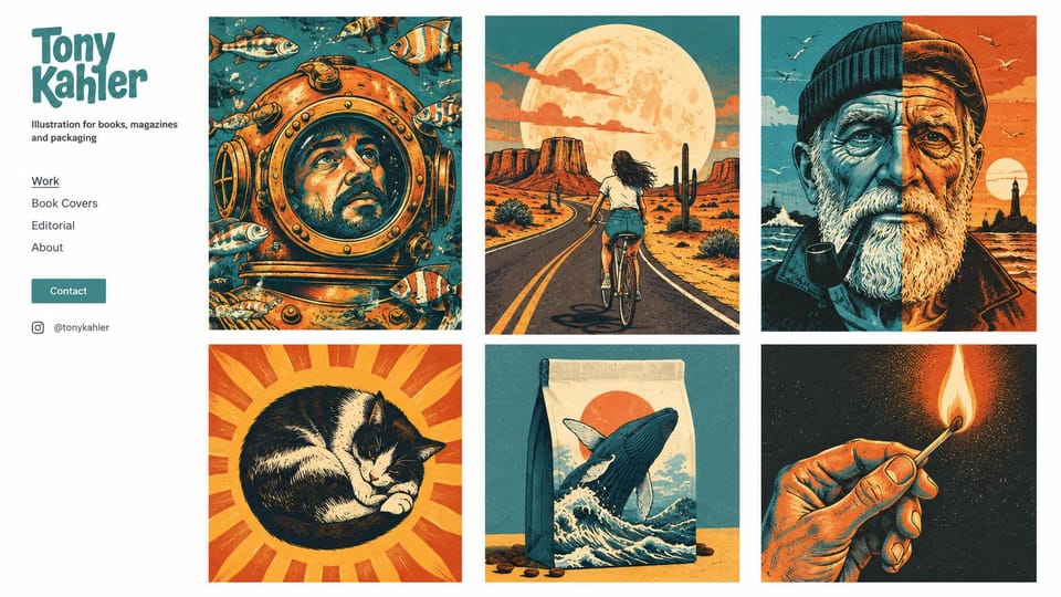 Graphic design portfolio website design, poster-style illustration with a side menu: white page, black logo and small menu at left, a grid of orange, teal and cream retro illustrations: a diver, a cyclist, a fisherman, a cat