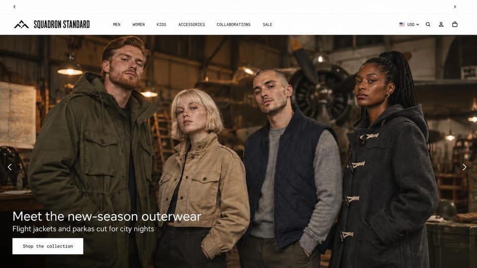 Business website design, outerwear for men and women in a vintage hangar: white header with a mountain logo, four models in parkas and jackets in a dim aircraft hangar, white headline and a white button
