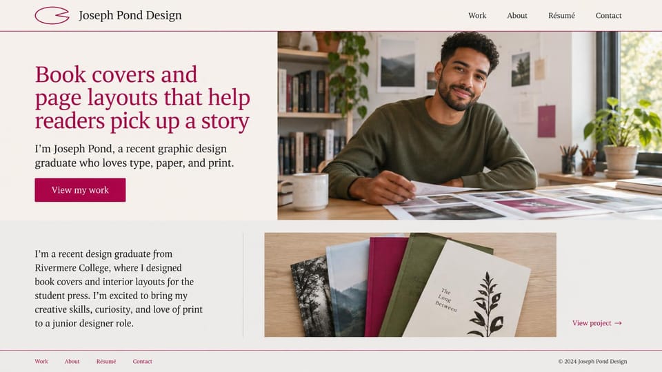 Resume website design, graphic design graduate ready for a junior role: warm white page, a large magenta serif headline, a magenta work button, a photo of a smiling man at a desk with page proofs and a row of book covers below
