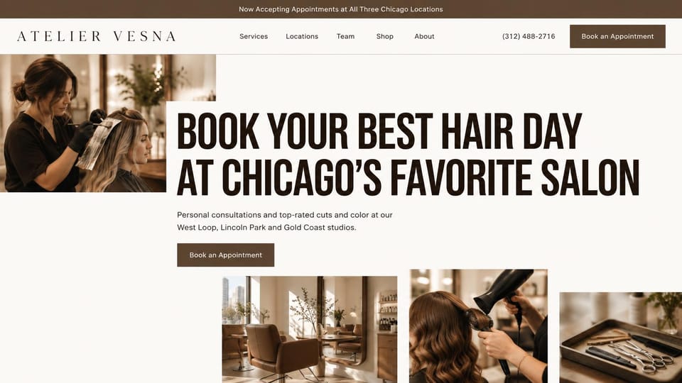 Salon website design, multi-studio salon in bold condensed type: cream page, a giant black condensed headline over salon photos and a brown button