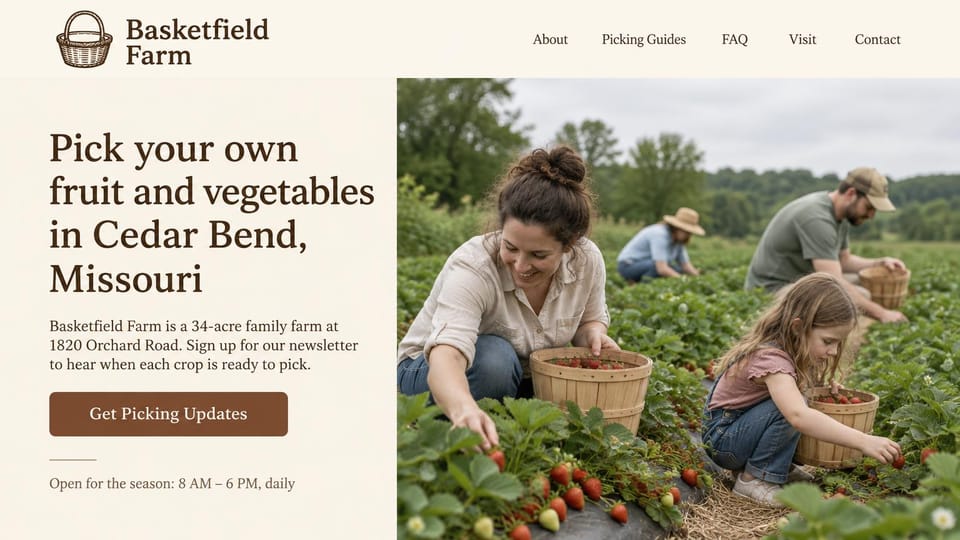 Farm website design, pick-your-own farm with picking updates: cream page with a basket logo, large brown serif headline at left, brown signup button, a family picking strawberries into wooden baskets