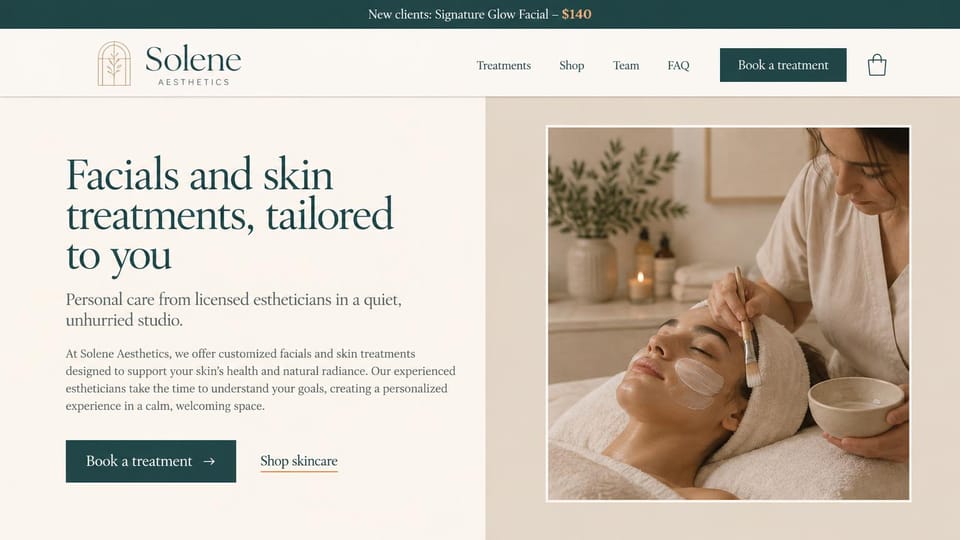 Spa website design, facial studio with a new-client offer: cream page and deep teal type, a framed photo of an esthetician brushing on a mask, a teal offer bar on top