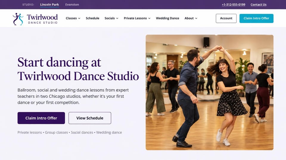 Dance studio website design, ballroom and social dance with two locations: white page, a deep purple serif headline, a photo of couples dancing at a social, a purple top bar with location tabs
