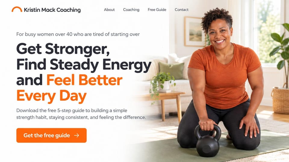 Personal trainer website design, free starter guide for women over 40 training at home: white page, a charcoal and orange headline, an orange guide button, a smiling woman in an orange tee kneeling with a kettlebell in a sunny living room