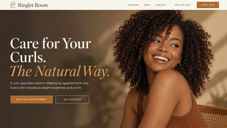 Salon website design, curl specialist with a confident portrait: warm brown, a smiling woman with natural curls, large serif headline with an orange italic line
