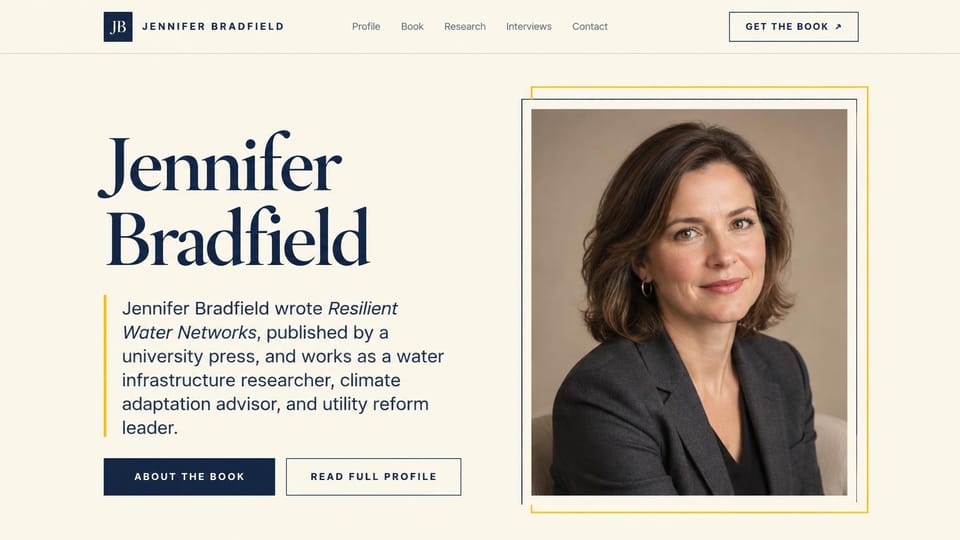 Author website design, nonfiction author and researcher: cream page, a navy serif name and a framed author portrait with a gold border