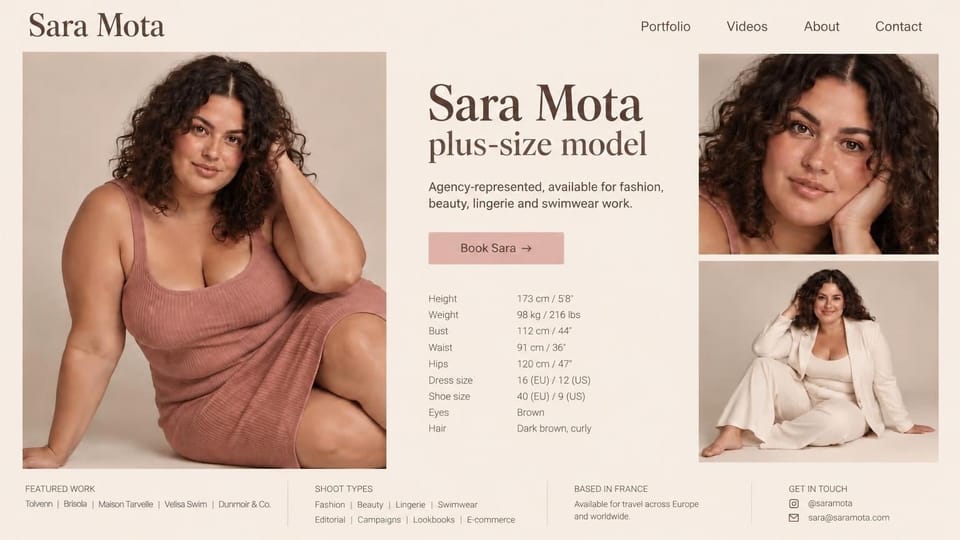 Model portfolio website design, plus-size model with a stats list and three photos: warm cream page, a large brown serif name and title, a dusty rose booking button, a curly-haired woman in a terracotta knit dress, a close-up and a cream suit look