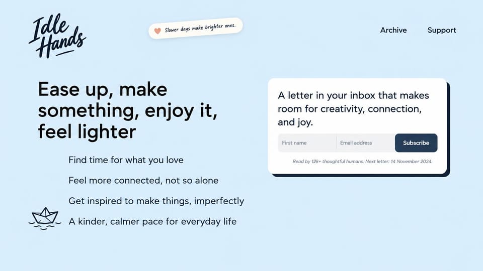 Blog website design, slow living newsletter in pale blue: pale blue page, a handwritten logo, navy text, a paper boat doodle and a white signup card