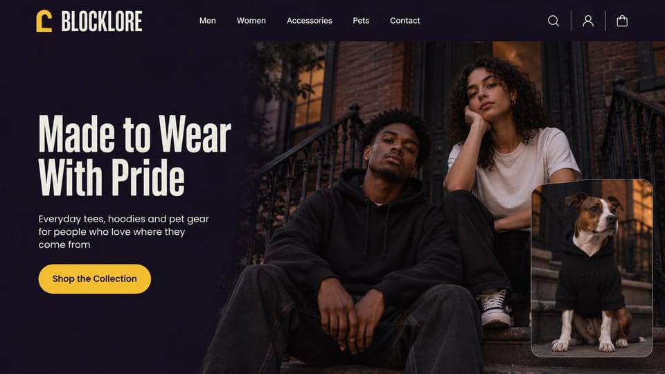 Fashion website design, hometown streetwear with matching hoodies for dogs: deep plum page with a yellow logo, a young man in a black hoodie and a woman in a white tee on brownstone steps at dusk, an inset photo of a dog in a black hoodie, a bold cream condensed headline and a yellow pill button