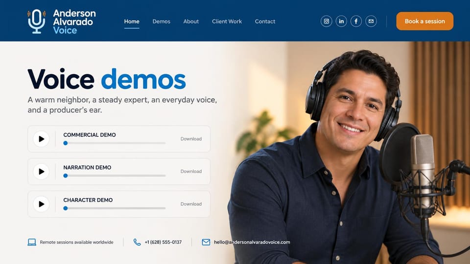 Actor website design, voice-over artist with demos to download: cream page under a navy bar, a bold navy and blue headline, three demo players and a smiling man in headphones at a studio microphone