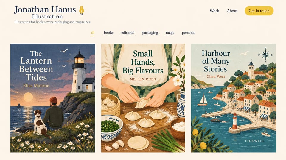 Graphic design portfolio website design, book cover illustrator with filter tabs: cream page, serif name with a pencil mark, yellow button, a row of filter tabs, three illustrated book covers: a lighthouse, dumplings, a harbor town