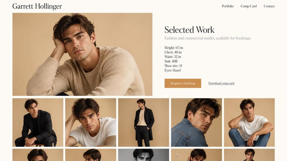 Model portfolio website design, male model with stats and a comp card on tan: cream page, a serif name, a tan-backdrop portrait of a dark-haired man in a cream knit sweater, a stats list, a tan booking button and a row of five photos below