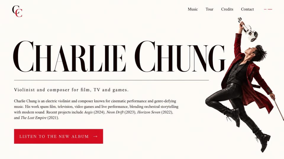 Musician website design, violinist and composer, editorial: ivory page, a large black serif name, a violinist mid-leap in a red coat and a red listen button