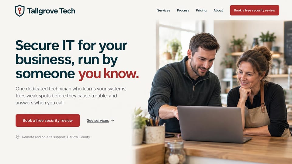 IT company website design, solo IT technician for small businesses: cream page, large navy headline ending in red, red security review button and a services link, a technician and a café owner smiling at a laptop on a counter
