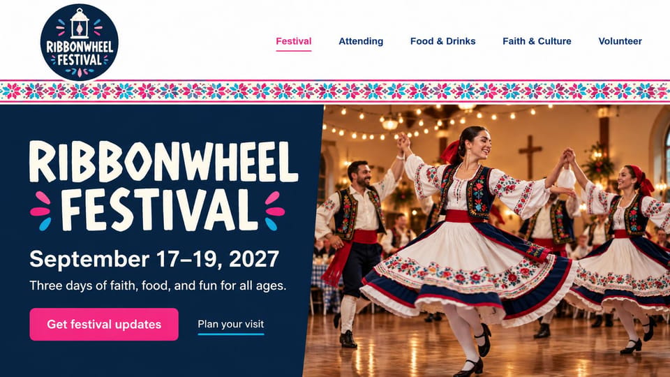 Event website design, parish folk festival with an embroidered border: white header with a round navy badge, pink and blue embroidered border strip, navy panel with chunky cream lettering, pink updates button, folk dancers twirling in a parish hall